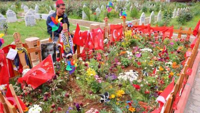 Kahramanmaraş’ta okul saldırısında hayatını kaybeden çocukların mezarını ziyaret eden bir